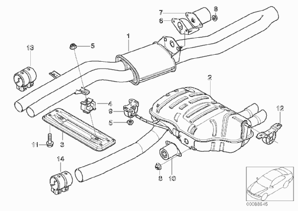 Средний глушитель/задний доп.глушитель для BMW E46 325ti M54 (схема запчастей)