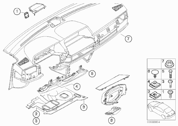 Доп.элементы панели приборов для BMW E65 730d M57N (схема запчастей)