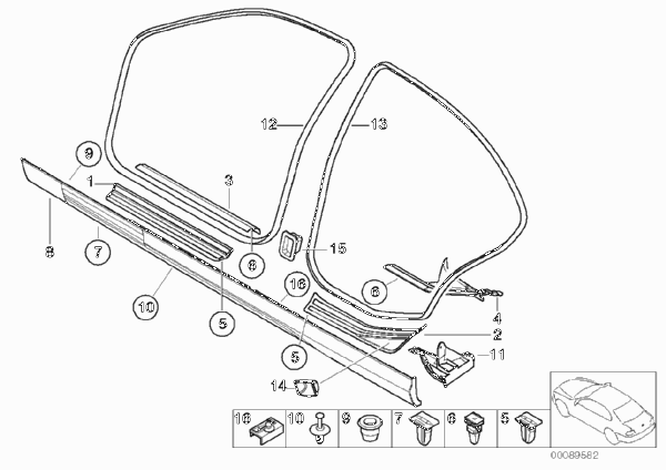 Защитная окантовка/накладка порога для BMW E46 316i 1.9 M43 (схема запчастей)