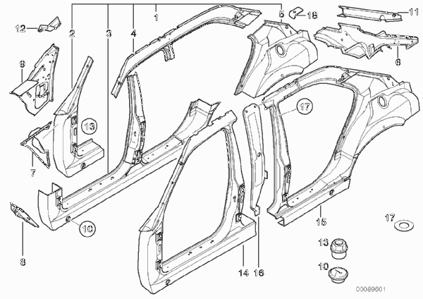 боковой каркас для BMW E38 750i M73 (схема запчастей)