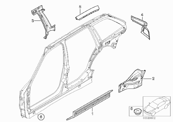 Детали бокового каркаса для BMW E36 328i M52 (схема запчастей)
