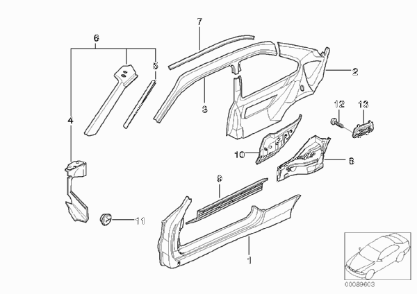 Детали бокового каркаса для BMW E36 316i M43 (схема запчастей)