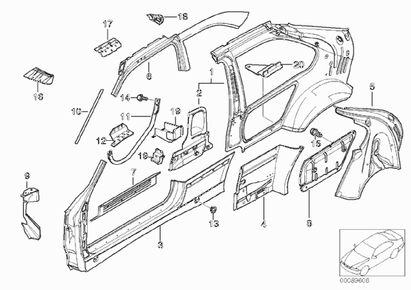 Детали бокового каркаса для BMW E36 323ti M52 (схема запчастей)