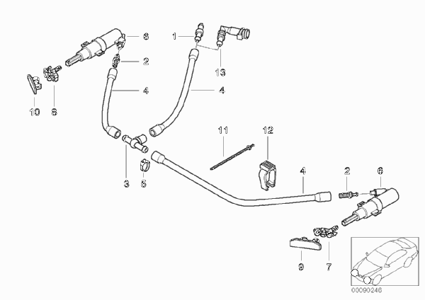 Детали системы омывателей фар для BMW E46 330i M54 (схема запчастей)