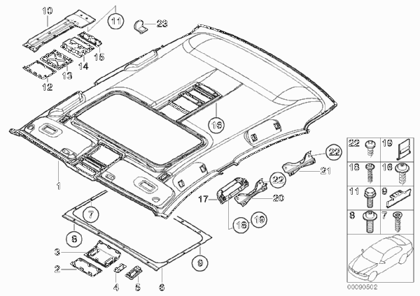 Потолок / поручень для BMW E67 745LiS N62 (схема запчастей)
