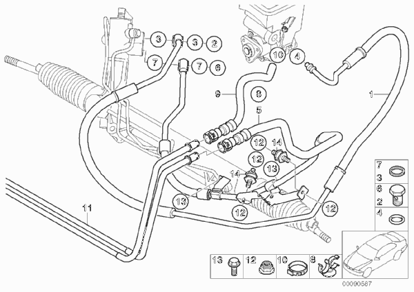 Маслопроводы гидроусилителя рул.управл. для BMW E53 X5 3.0d M57N (схема запчастей)
