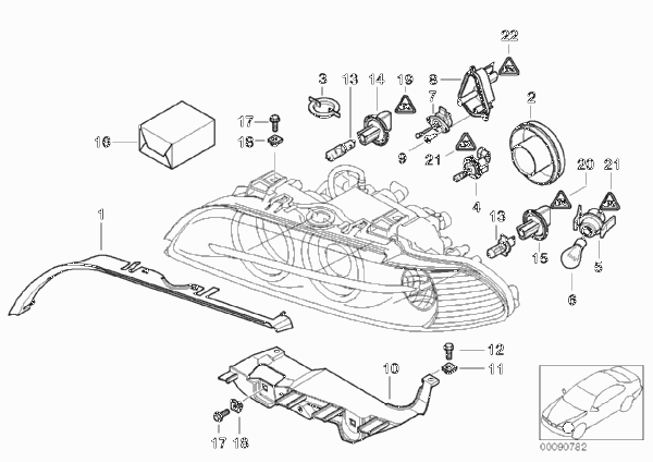 Детали ксеноновой фары для BMW E39 525d M57 (схема запчастей)
