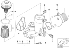 Масляный фильтр смаз.сист.,теплообменник для BMW E87 118d M47N2 (схема запасных частей)