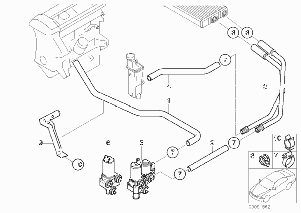 Водяные шланги/ водяной клапан для BMW E46 318Ci N42 (схема запчастей)
