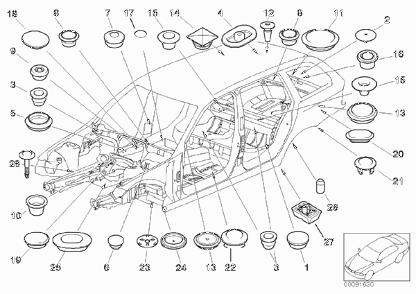 Пробки/заглушки для BMW E46 318i M43 (схема запчастей)