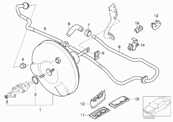 Вакуумный усилитель тормозов для BMW E46 318ti N46 (схема запчастей)