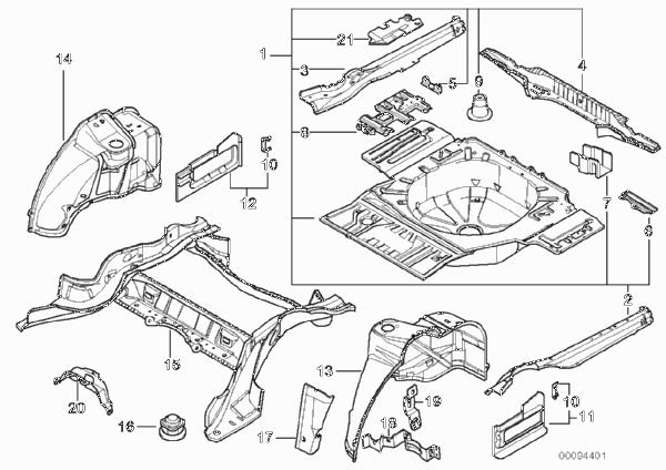 Пол багажника/брызговик Зд для BMW E38 730i M60 (схема запчастей)
