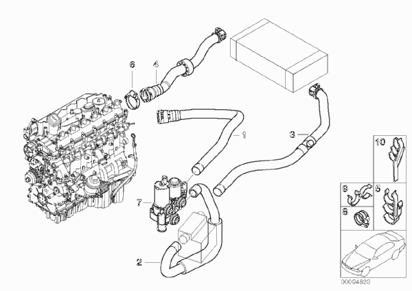 Водяные шланги/ водяной клапан для BMW E46 330xd M57 (схема запчастей)