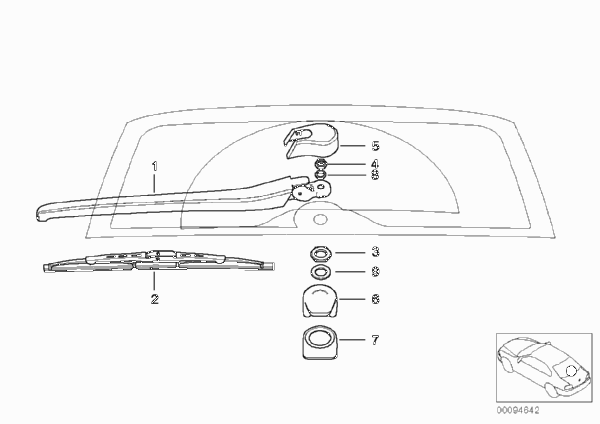 Детали рычага очистителя задн.стекла для BMW E46 328i M52 (схема запчастей)