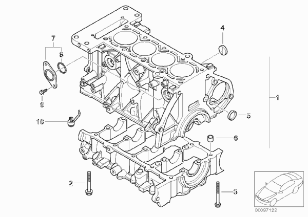 Блок-картер двигателя для BMW R50 One 1.6i W10 (схема запчастей)
