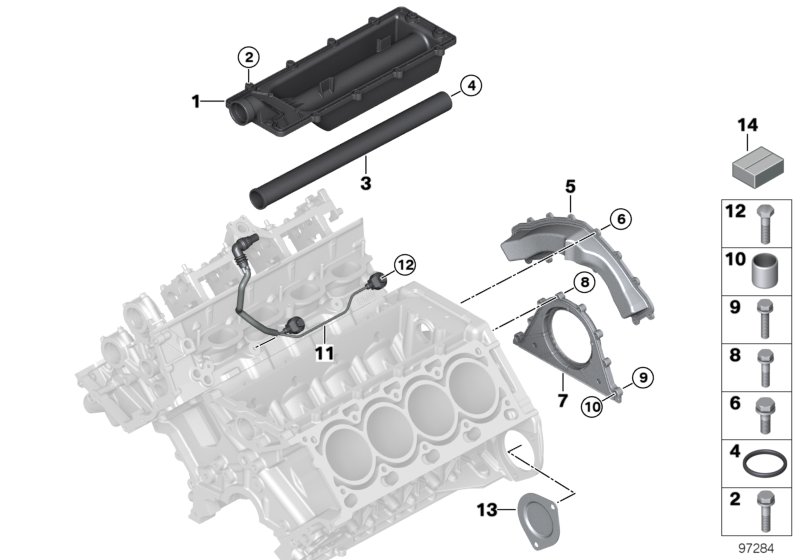 Блок цилиндров/дополнительные элементы для BMW E66 745Li N62 (схема запчастей)