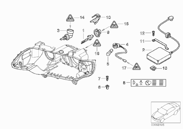 Детали ксеноновой фары для BMW E53 X5 3.0i M54 (схема запчастей)