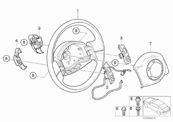 Многофункциональное рулевое колесо с НПБ для BMW R52 Cooper S W11 (схема запчастей)