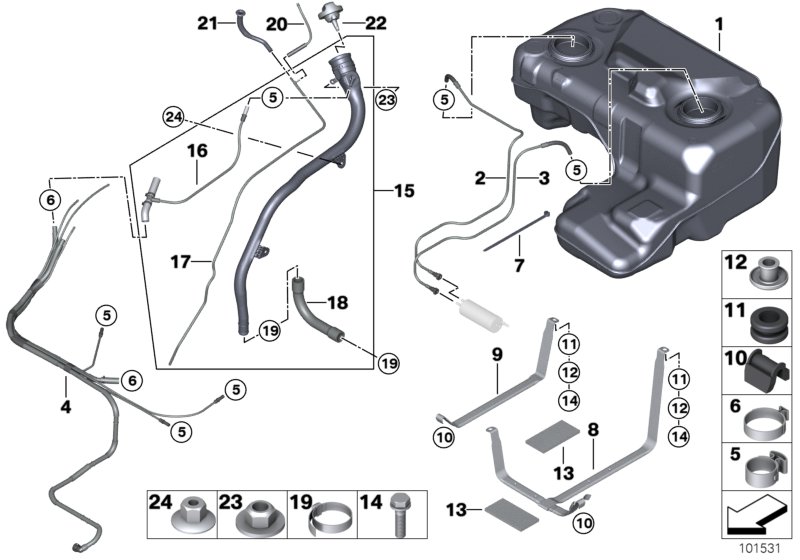 Топливный бак/дополнительные элементы для BMW E53 X5 3.0i M54 (схема запчастей)