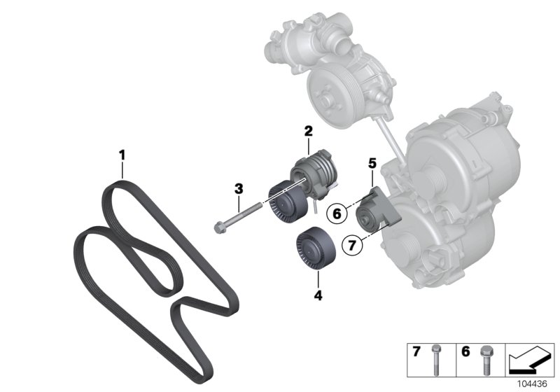 Ременный привод водяной помпы/генератора для BMW RR2 Drophead N73 (схема запчастей)