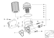 Масляный фильтр смаз.сист.,теплообменник для MINI R53 Cooper S W11 (схема запасных частей)