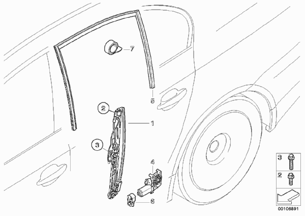 Механизм перемещения стекла двери Зд для BMW E60 520d M47N2 (схема запчастей)