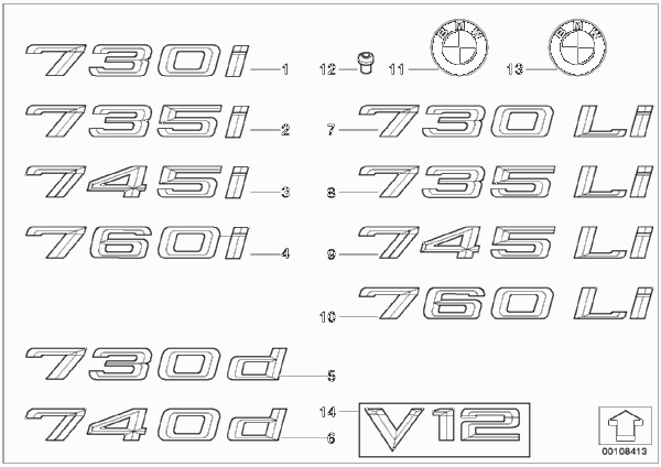 Эмблемы / надписи для BMW E65 735i N62 (схема запчастей)
