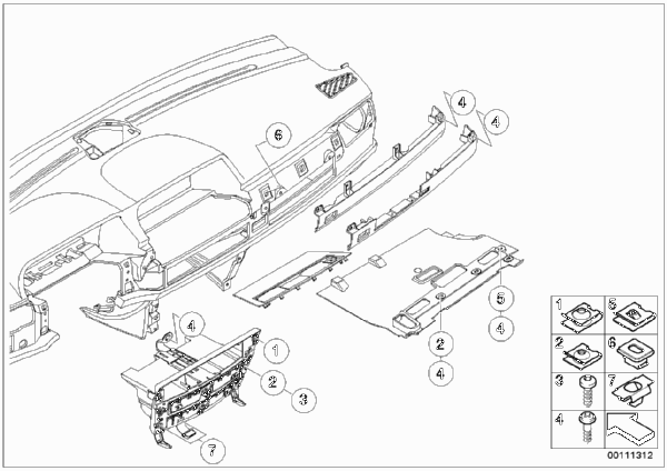 Доп.элементы панели приборов для BMW E65 730i M54 (схема запчастей)