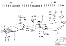 Система выпуска ОГ Зд для BMW E34 525i M50 (схема запасных частей)