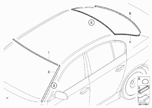 Остекление, дополнительные элементы для BMW E60 525i M54 (схема запчастей)