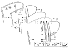 Накладки и уплотнения двери Зд для BMW E66 745Li N62 (схема запасных частей)