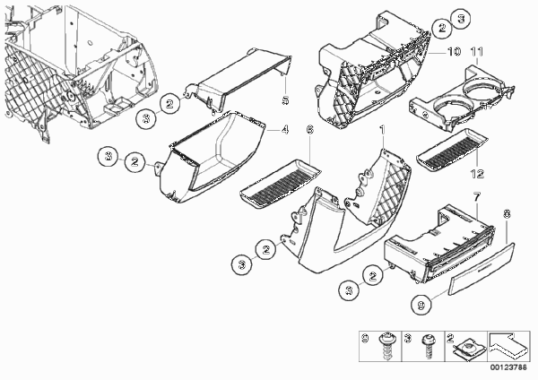 Доп.элементы центральной консоли Зд для BMW E53 X5 4.4i M62 (схема запчастей)