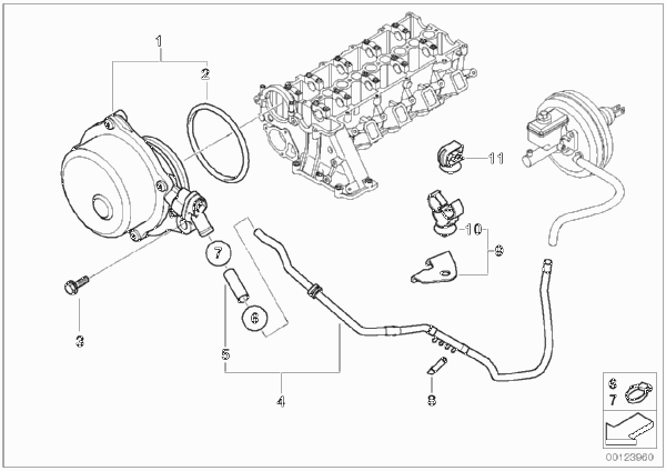 Вакуумный насос с трубопроводом для BMW E83 X3 2.0d M47N2 (схема запчастей)