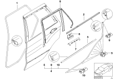 Накладки и уплотнения двери Зд для BMW E53 X5 4.4i M62 (схема запасных частей)
