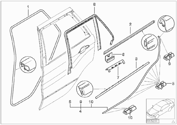 Накладки и уплотнения двери Зд для BMW E53 X5 3.0d M57N (схема запчастей)