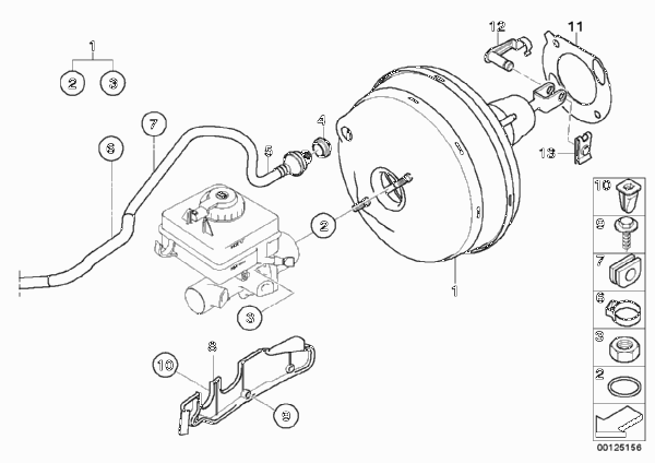Вакуумный усилитель тормозов для BMW E61 525i M54 (схема запчастей)