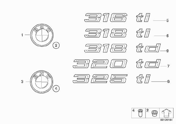 Эмблемы / надписи для BMW E46 320td M47N (схема запчастей)