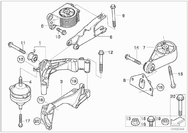 Подвеска двигателя для MINI R50 One D W17 (схема запчастей)