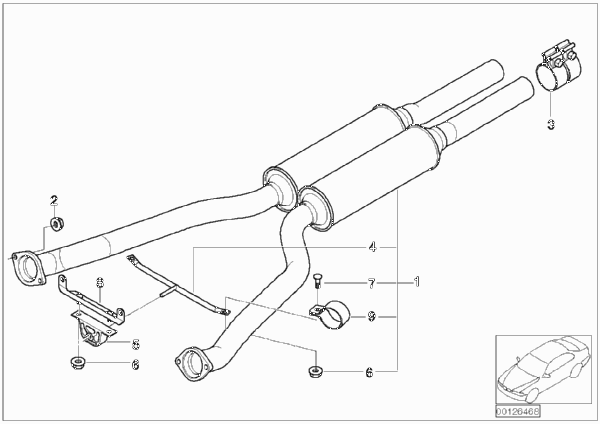 Передний дополнительный глушитель для BMW E66 760Li N73 (схема запчастей)