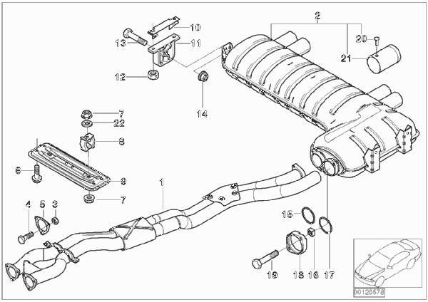 Промежуточная труба/задний глушитель для BMW E46 M3 CSL S54 (схема запчастей)