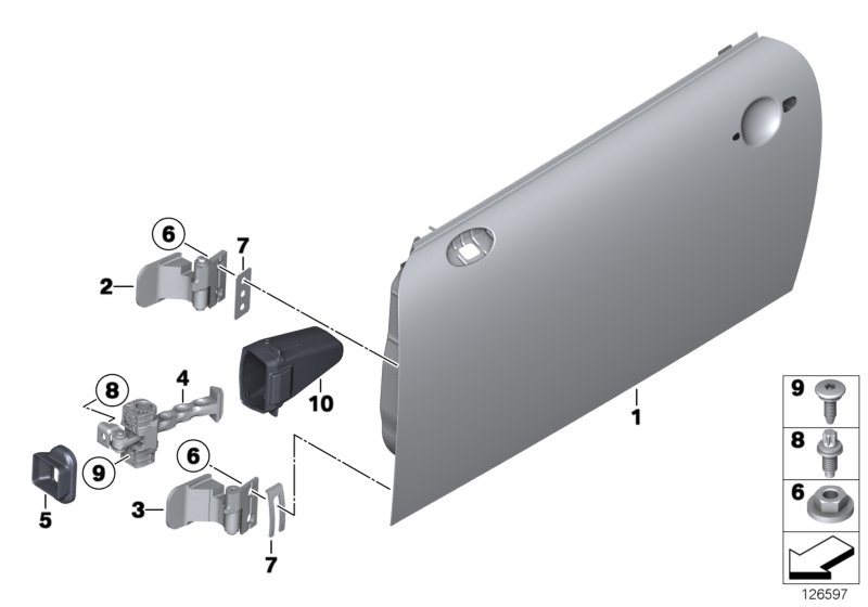 Дверь Пд, петли/ограничитель двери для MINI R57N Cooper N16 (схема запчастей)