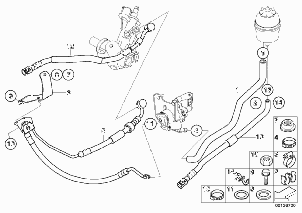 Маслопроводы гидроусилителя рул.управл. для BMW E65 730i M54 (схема запчастей)