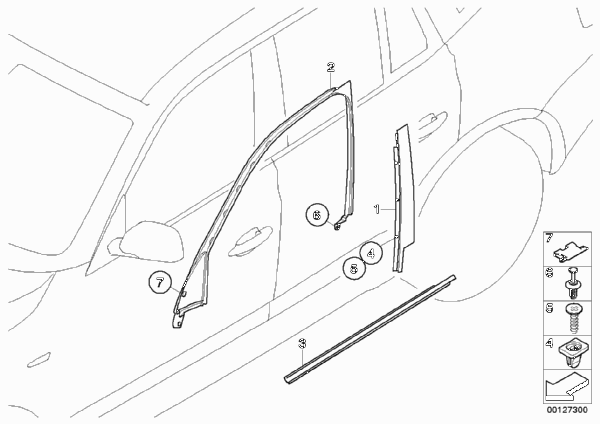 Накладки и уплотнения двери Пд для BMW E83 X3 2.5i M54 (схема запчастей)