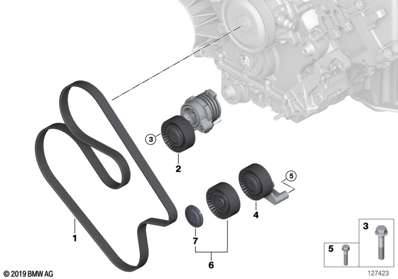 Ременный привод водяной помпы/генератора для BMW E53 X5 4.4i N62 (схема запчастей)