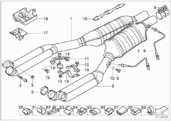 Катализатор/передний доп.глушитель для BMW E38 750i M73 (схема запчастей)