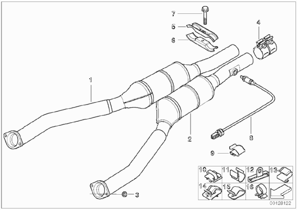 Приемная труба катализатора для BMW E39 540i M62 (схема запчастей)