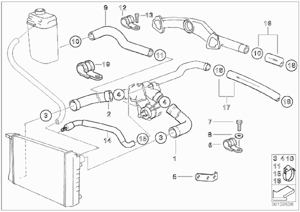 Водяной шланг системы охлаждения для BMW E38 L7 M73 (схема запчастей)