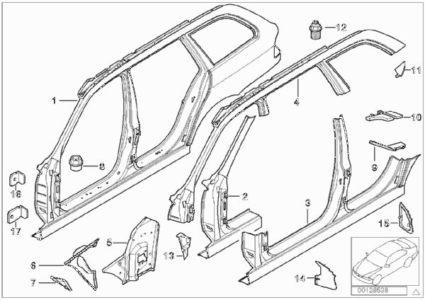 боковой каркас для BMW E39 530i M54 (схема запчастей)