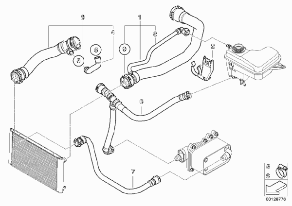 Водяной шланг системы охлаждения для BMW E66 730Ld M57N2 (схема запчастей)