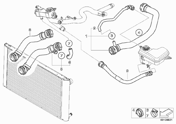 Водяной шланг системы охлаждения для BMW E61 530xd M57N2 (схема запчастей)